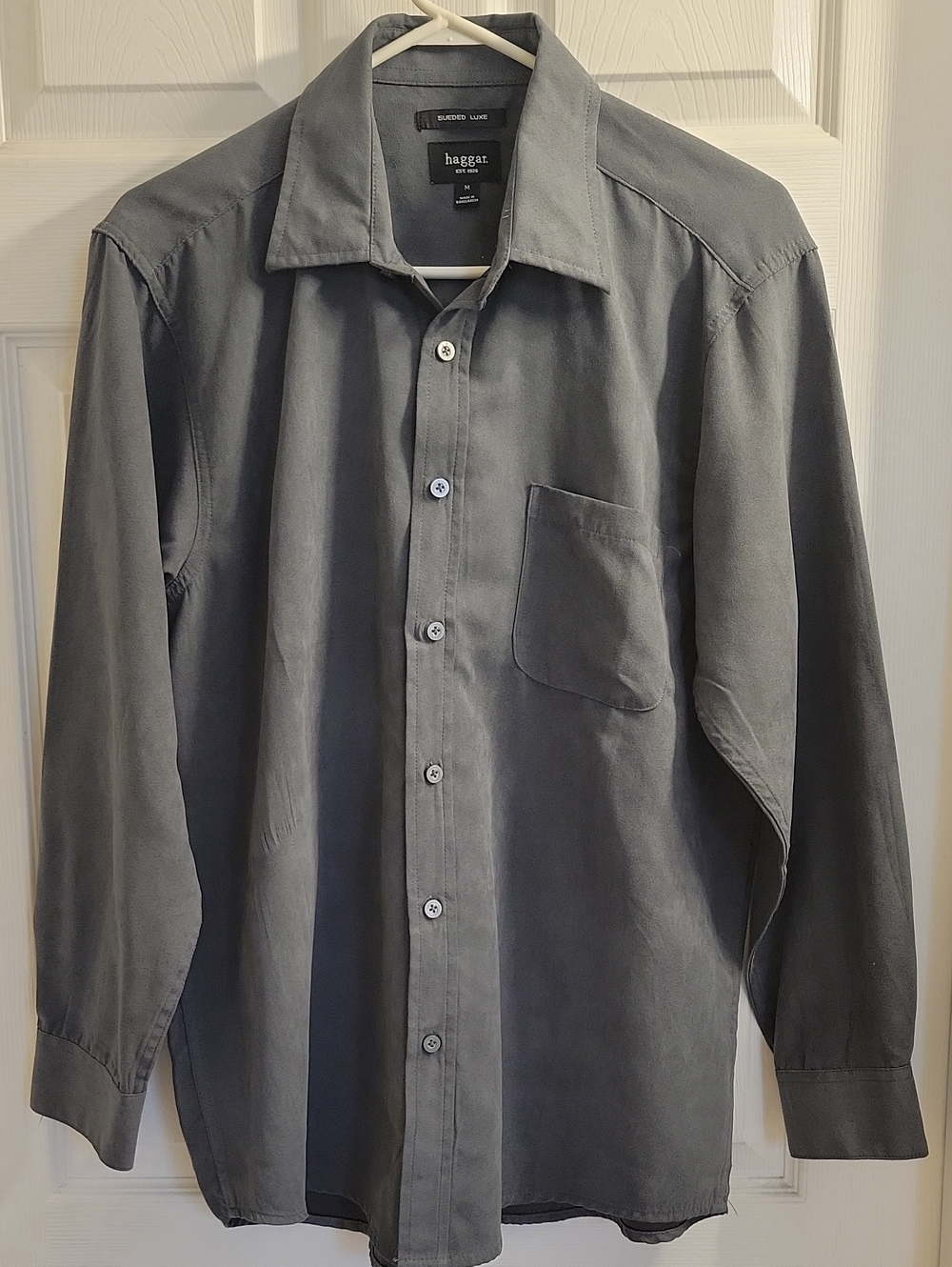 Haggar Men's Long-Sleeve Sueded Luxe Grey Button Front Sz M